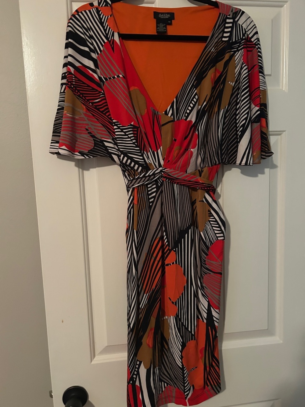 Peck & Peck Orange, Black & White Floral Midi Wrap Dress